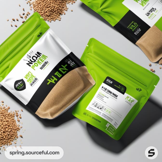 Green and black resealable pouches with spilled grains on white surface.