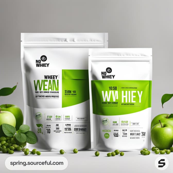 White and green resealable pouches with green apples and scattered peas.