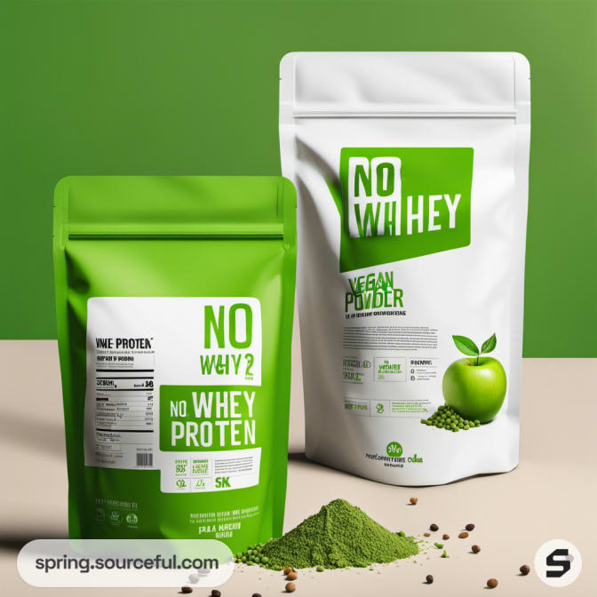 Green and white resealable pouches labeled 'No Whey' with green apple illustration.