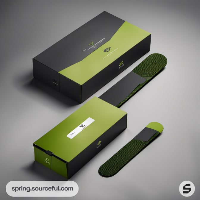 Sleek black and green shoe boxes with accessories.