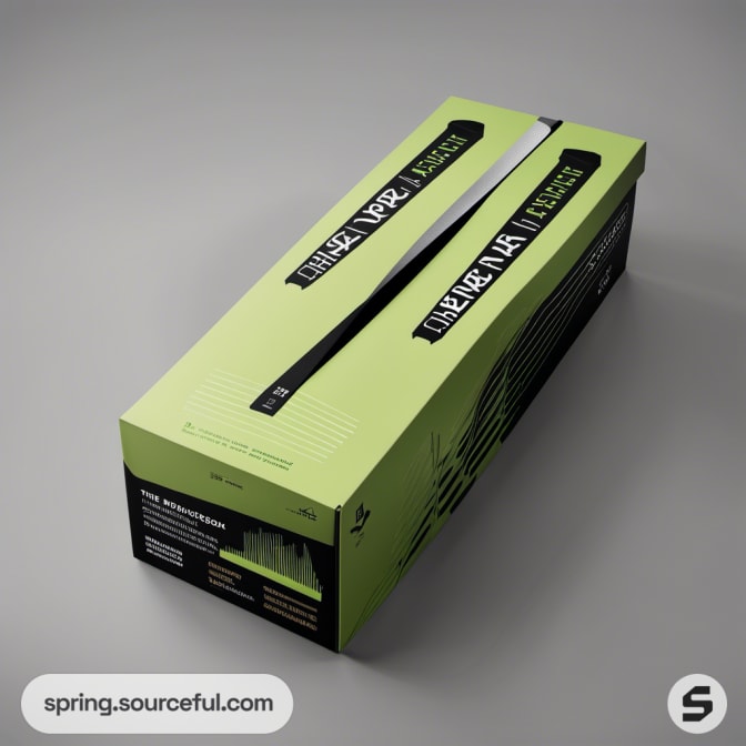 Long green and black box with bar code design.