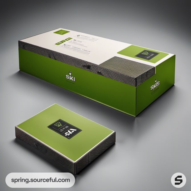Rectangular green and white box, stacked with lid.