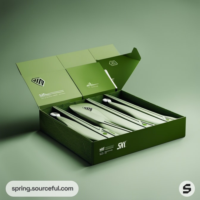 Open green packaging displaying ski equipment.
