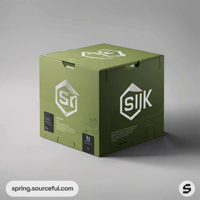 Large olive green cube box with logo and text.