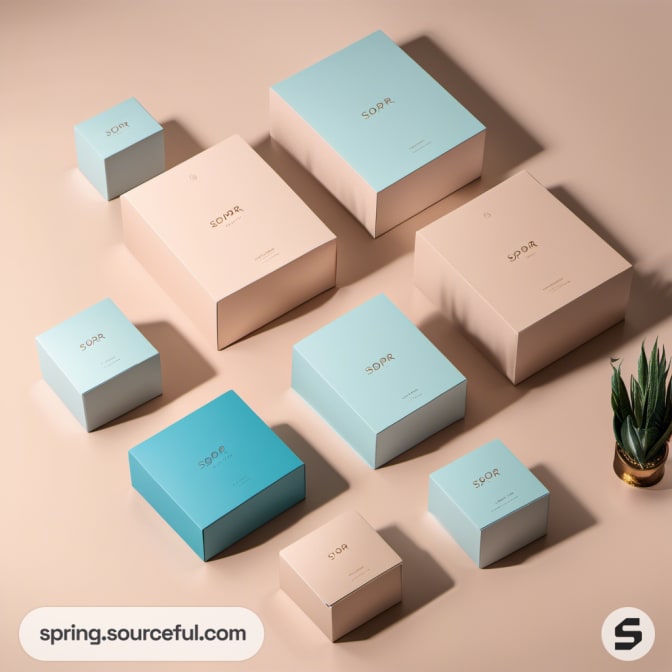 Assorted pastel boxes in blue and peach tones.