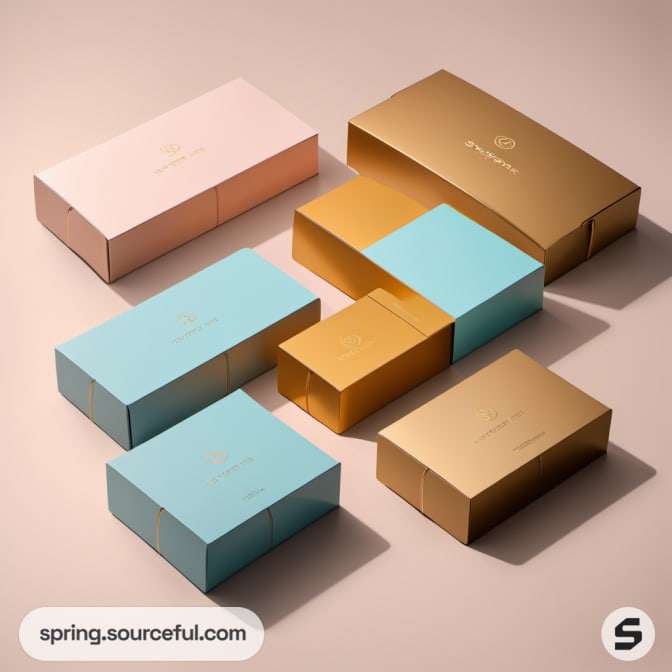 Gold and teal boxes on soft background.