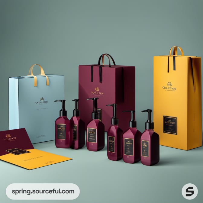 Elegant packaging with burgundy, white, and gold bottles and bags.