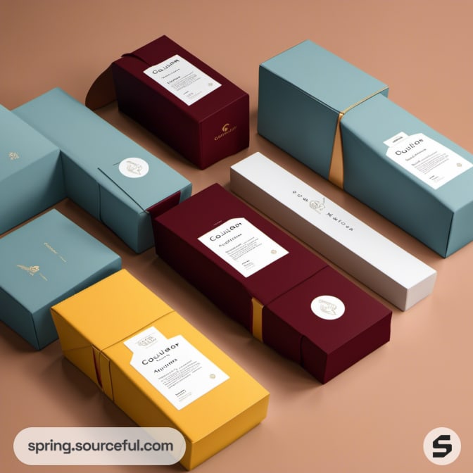 Colorful boxes with teal, burgundy, and mustard designs.