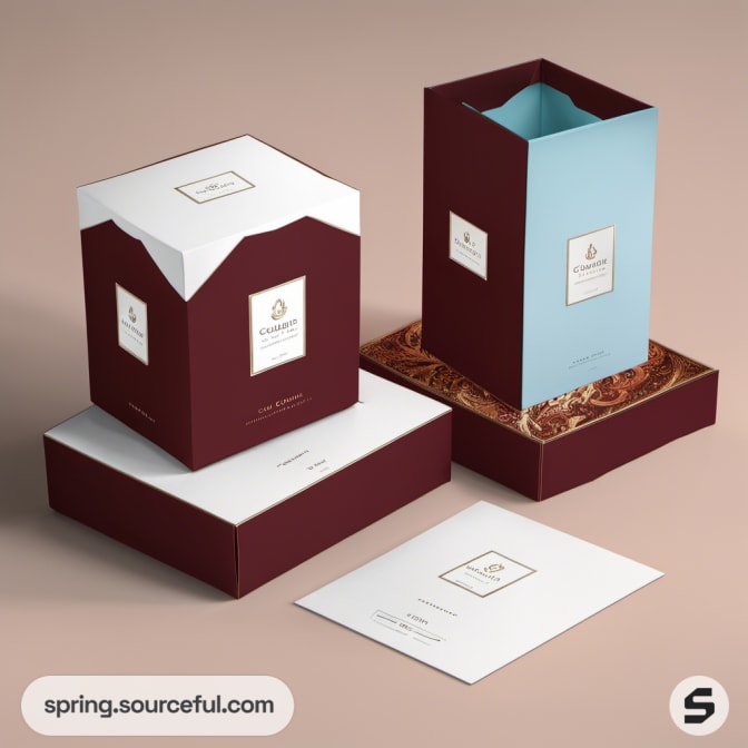 Stylish burgundy and blue open boxes with document.