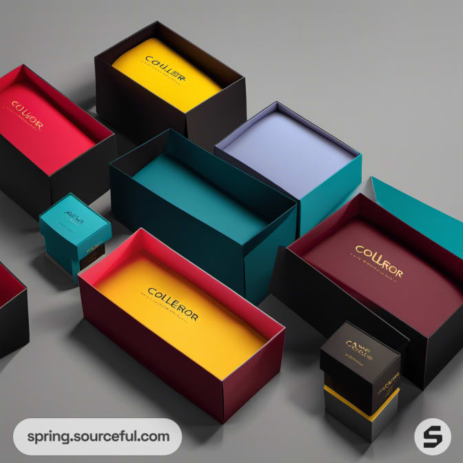 Assorted colorful boxes in burgundy, yellow, and teal.