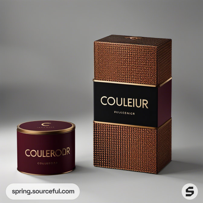 Elegant cylindrical and rectangular burgundy packaging.