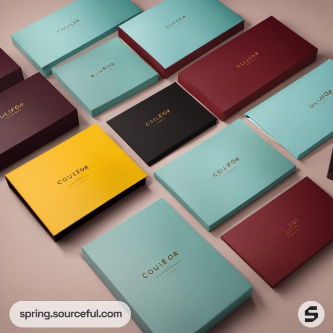 Colorful flat-lay boxes in teal, burgundy, and yellow.