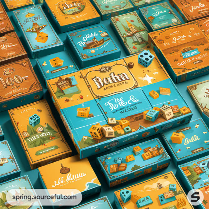 Assorted colorful game boxes with numbers and dice illustrations on teal and orange backgrounds.