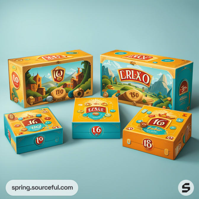 Five colorful boxes with playful illustrations and bold numbers arranged on a teal background.