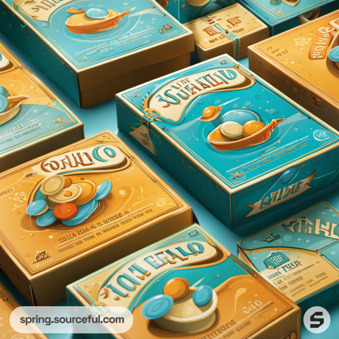 Collection of board game boxes with whimsical designs in blue and orange hues, displaying numbers and coin motifs.