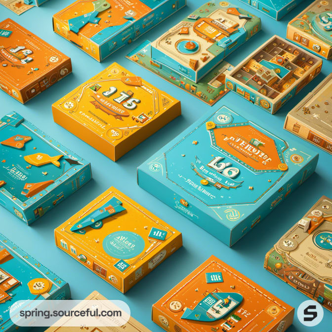 Variety of boxed games featuring blue and orange designs with playful numbers and fun illustrations.