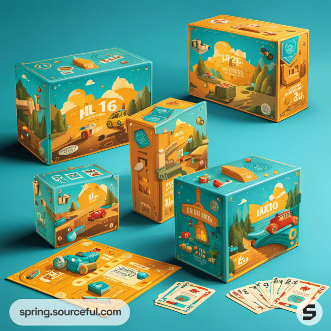 Set of five game boxes with playful illustrations and numbers, displayed on a teal backdrop.