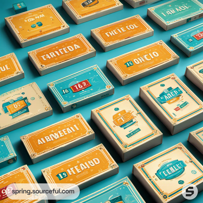 Numerous card game boxes arranged neatly with playful designs and numbers on teal and beige.