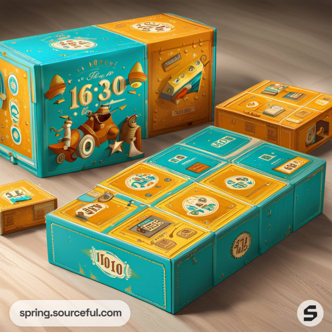 Large boxed game set with whimsical illustrations and numbers on teal and orange pack.