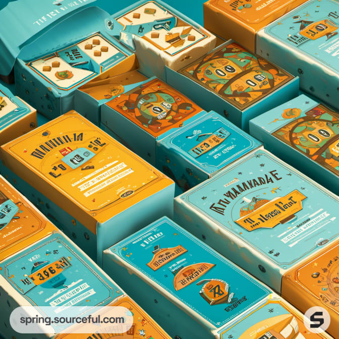 Cluster of colorful game boxes with playful designs and numerical themes on teal and orange backgrounds.