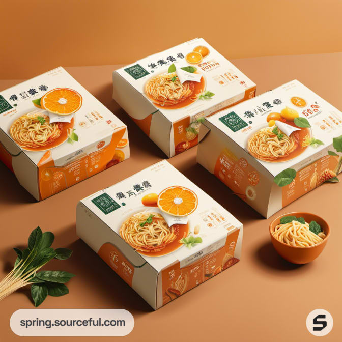 Four noodle boxes with orange-themed designs and noodle images.