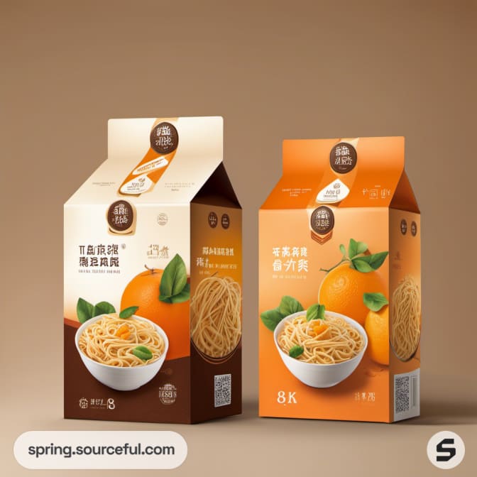 Two noodle packages featuring orange color and noodle images.