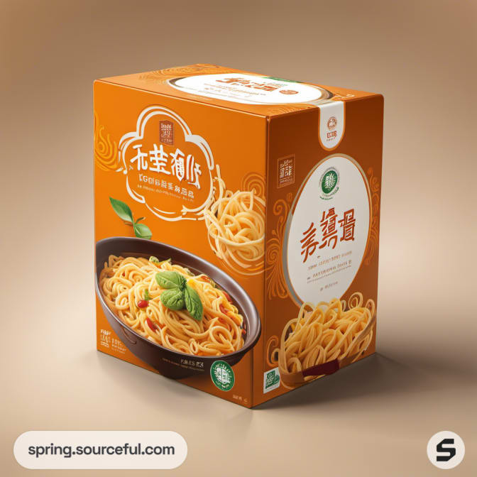 A single box of noodles with an orange design and noodle dish image.