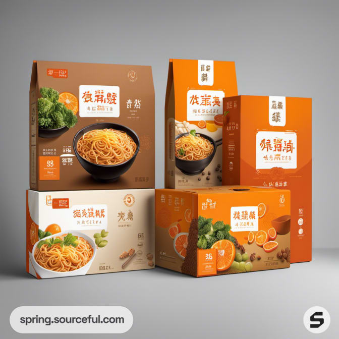 Assorted noodle boxes with orange themes and decorative noodle images.