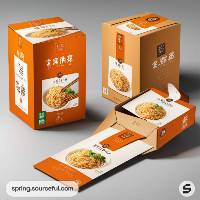 Noodle boxes with orange designs, highlighting different noodle variants.