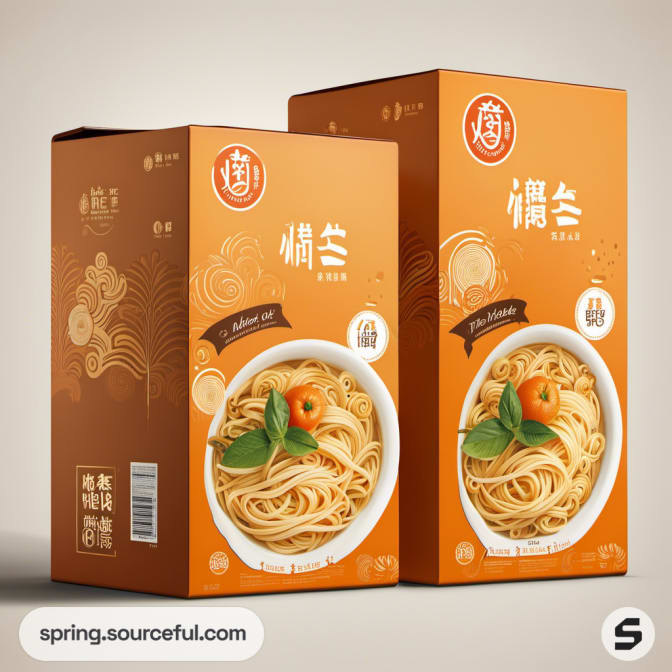 Two noodle boxes with an orange design and a bowl of noodles image.