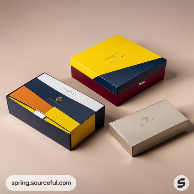 Colorful nested gift boxes in navy, yellow, and beige on a beige surface.