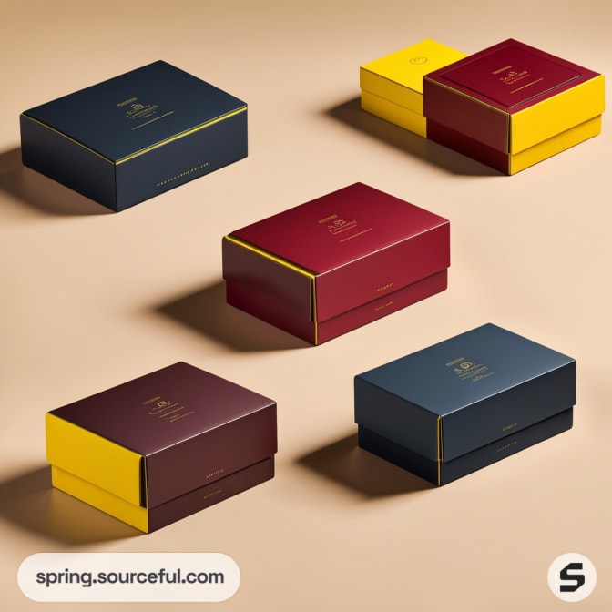 Five colorful rectangular boxes in navy, maroon, yellow, and gold, arranged on a tan surface.
