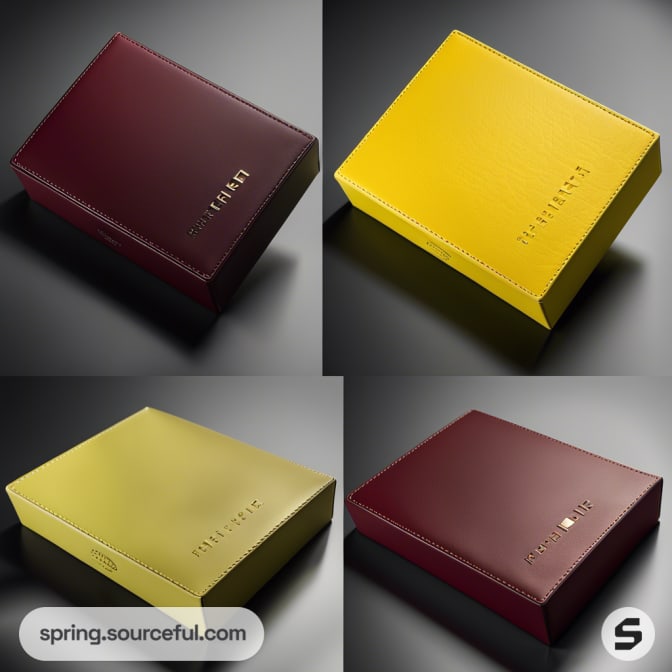 Two maroon and two yellow boxes with sleek finishes, arranged in a grid pattern on a dark surface.