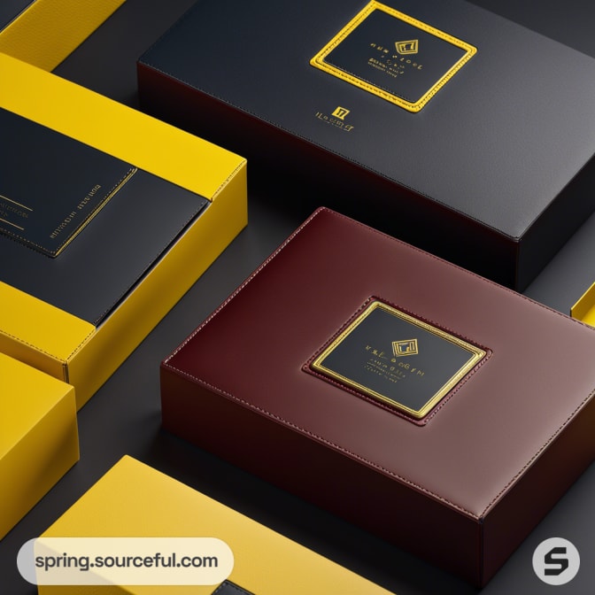 Elegant gift boxes in yellow, black, and maroon with gold accents on a dark background.