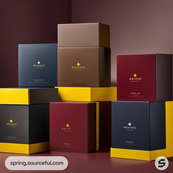 Stacked gift boxes in brown, red, and blue, each featuring yellow accents, with a burgundy and gold backdrop.