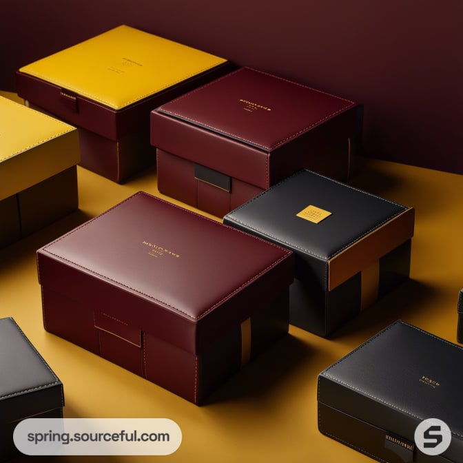 Elegant red, black, and yellow rectangular gift boxes with gold accents on a brown surface.