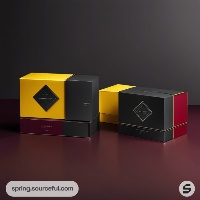 Elegant gift boxes with black, yellow, and red sections, featuring subtle diamond labels on a dark gradient background.