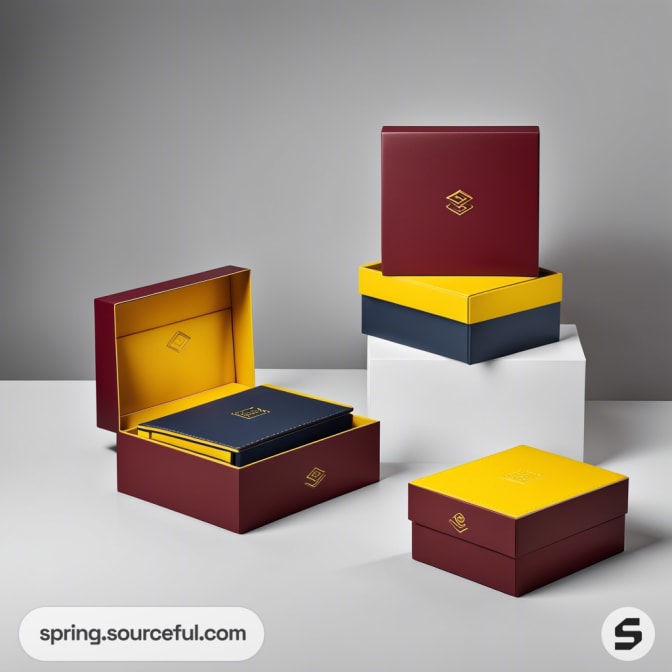Elegant cardboard boxes in red, yellow, and blue with minimalistic design on a grey and white display.
