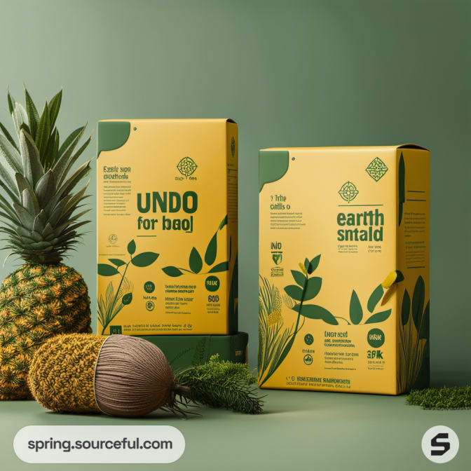 Eco-friendly boxes with green leaf design and yellow text, set with a pineapple and plants on a green background.