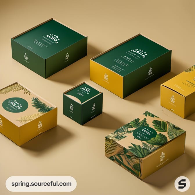 Assorted green and yellow packaging boxes with botanical patterns on a beige background.