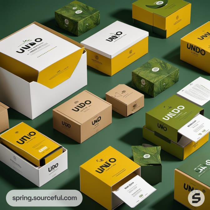 Variety of eco-conscious boxes in green, yellow, and white on a dark green surface.