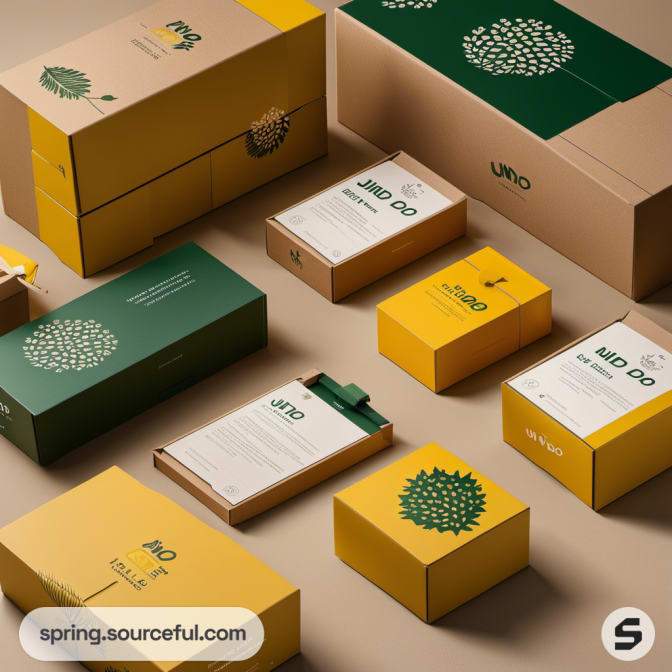 Natural-colored packaging boxes with green and yellow accents, displayed with plant graphics.