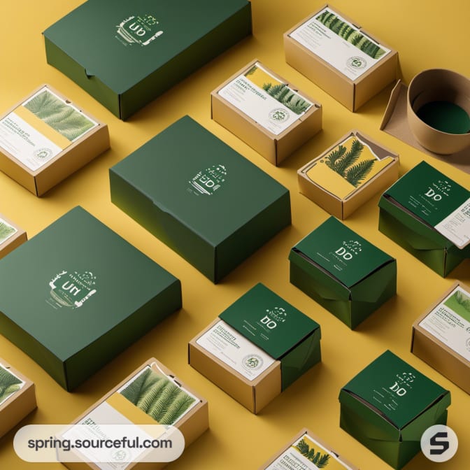 Green sustainable boxes with detailed leaf patterns on a yellow surface.