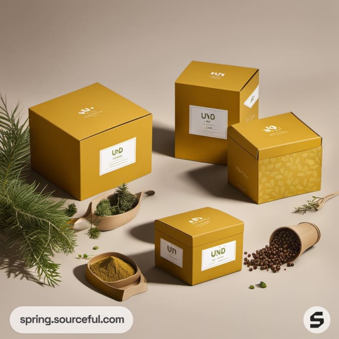 Simple brown eco-friendly boxes with plants on a beige background.