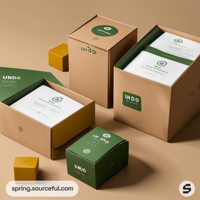 Brown and green cardboard packaging with eco-friendly labels on a natural backdrop.