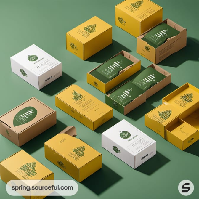 Selection of green and yellow sustainable boxes with tree graphics on a light green background.