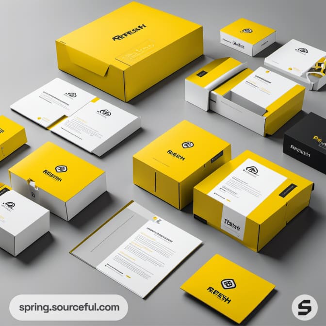 Yellow and white packaging set with mailer and gift boxes.
