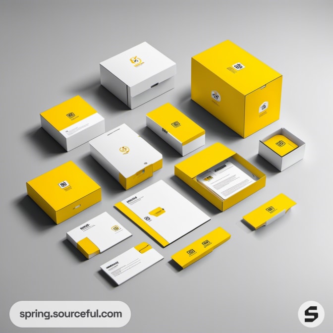 Assorted yellow and white boxes on display.