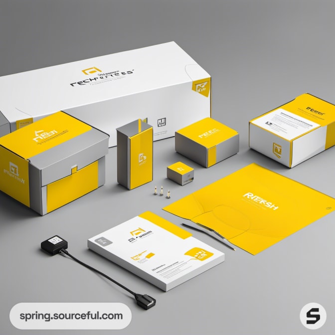 Series of yellow and white packaging boxes.