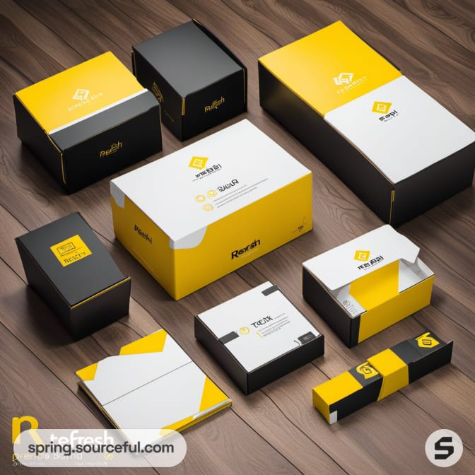 Black, yellow, and white assorted packaging boxes.